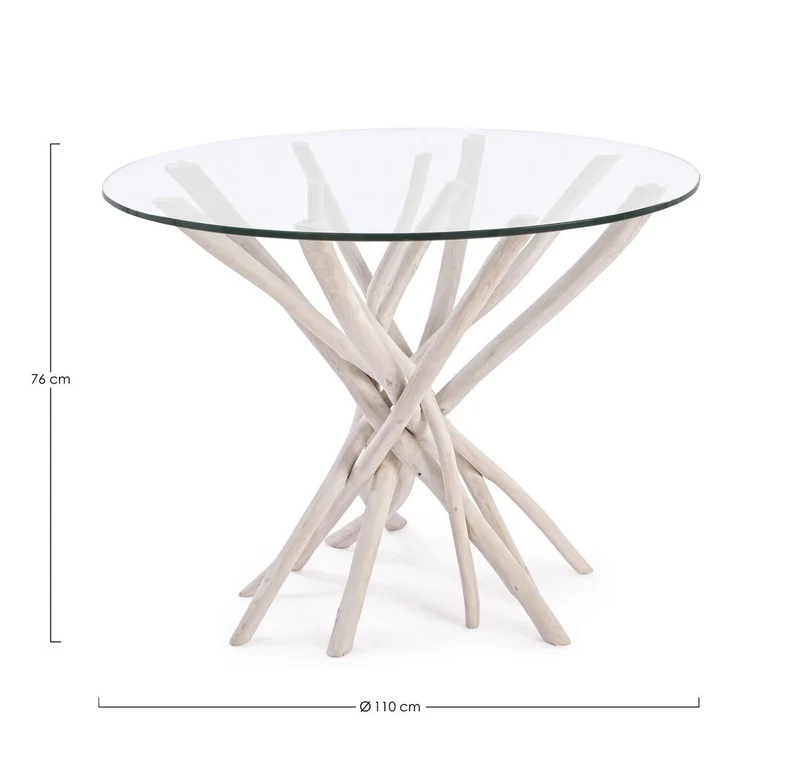 Tavolo "C-V Sahel", con gambe in rami di teak, piano in vetro temperato, stile moderno