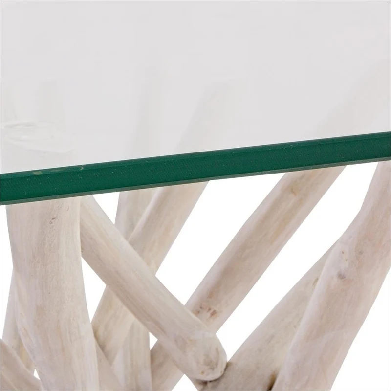 Tavolo "C-V Sahel", con gambe in rami di teak, piano in vetro temperato, stile moderno