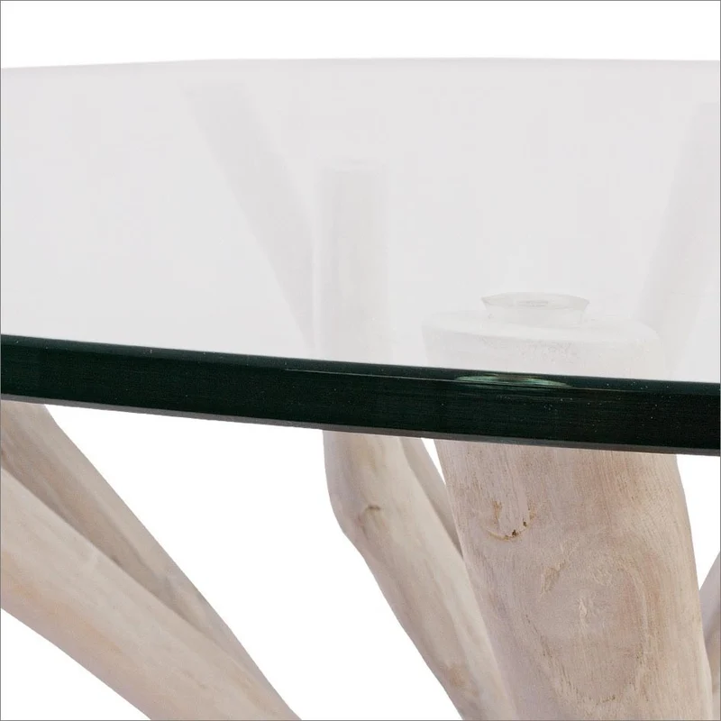 Tavolo "C-V Sahel", con gambe in rami di teak, piano in vetro temperato, stile moderno