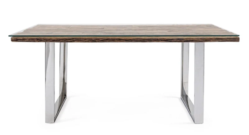 Tavolo "C-V Stanton" rettangolare, con gambe in acciaio, piano in legno riciclato e vetro temperato, stile moderno