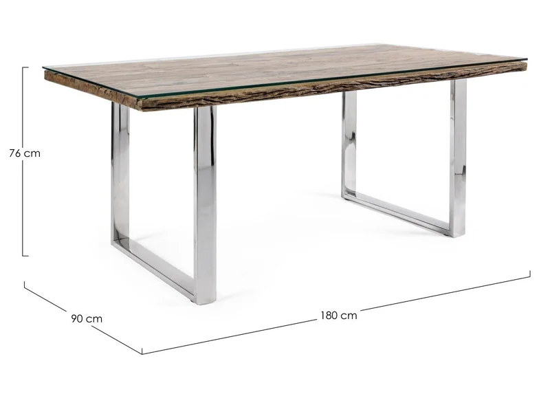 Tavolo "C-V Stanton" rettangolare, con gambe in acciaio, piano in legno riciclato e vetro temperato, stile moderno