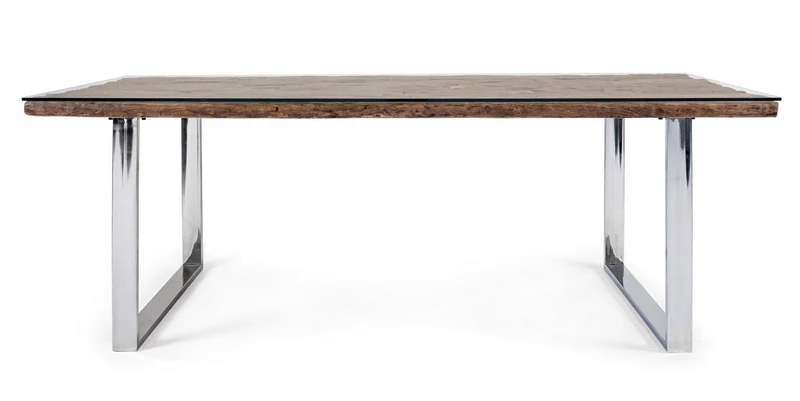 Tavolo "C-V Stanton" rettangolare, con gambe in acciaio, piano in legno riciclato e vetro temperato, stile moderno