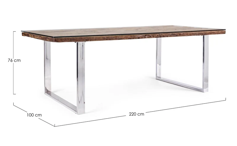Tavolo "C-V Stanton" rettangolare, con gambe in acciaio, piano in legno riciclato e vetro temperato, stile moderno
