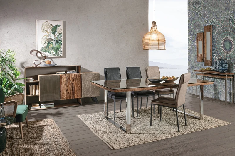 Tavolo "C-V Stanton" rettangolare, con gambe in acciaio, piano in legno riciclato e vetro temperato, stile moderno