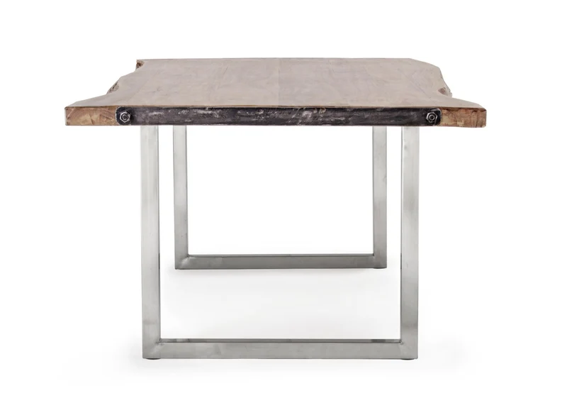 Tavolo Osbert rettangolare, con gambe in acciaio, piano in legno di acacia, stile moderno