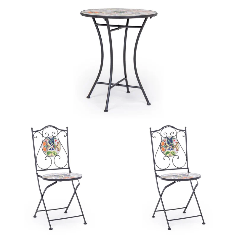 Set Tavolino tondo Mosaico e 2 sedie pieghevoli in acciaio per giardino e bar