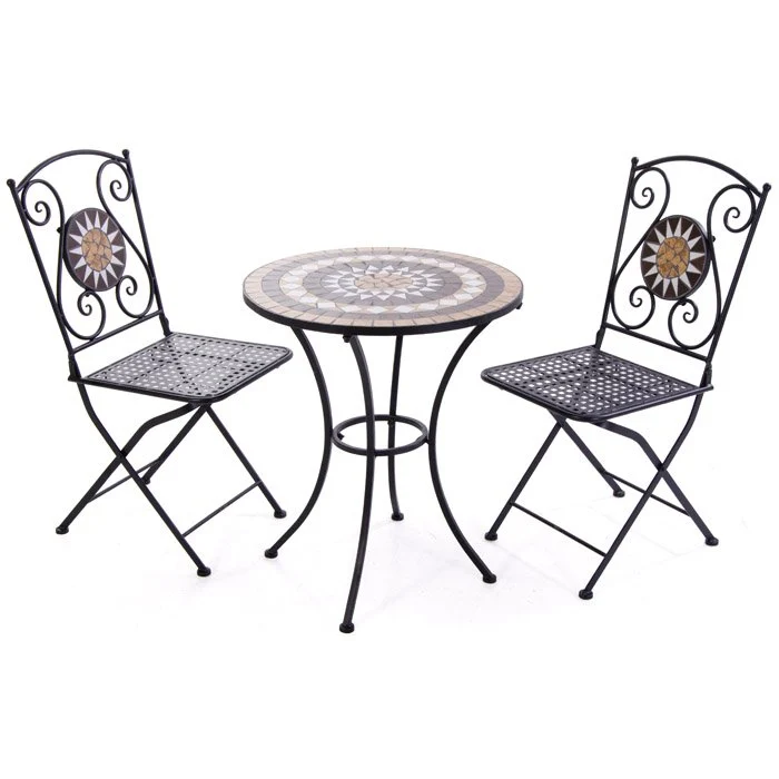 Set "Mosaico" Tavolino tondo con poltrone e decoro in ceramica ed acciaio verniciato a polvere per giardino veranda