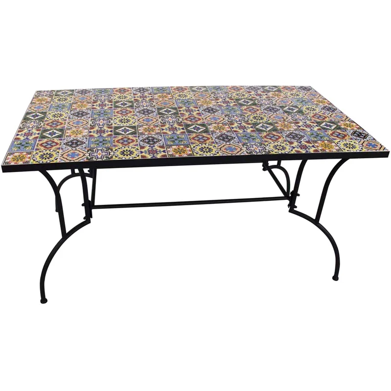 Tavolo con mosaico "Flower" in acciaio verniciato e piano in ceramica da giardino 150 cm