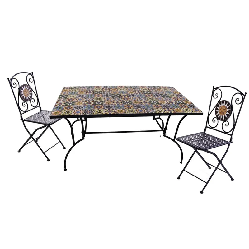 Tavolo con mosaico "Flower" in acciaio verniciato e piano in ceramica da giardino 150 cm