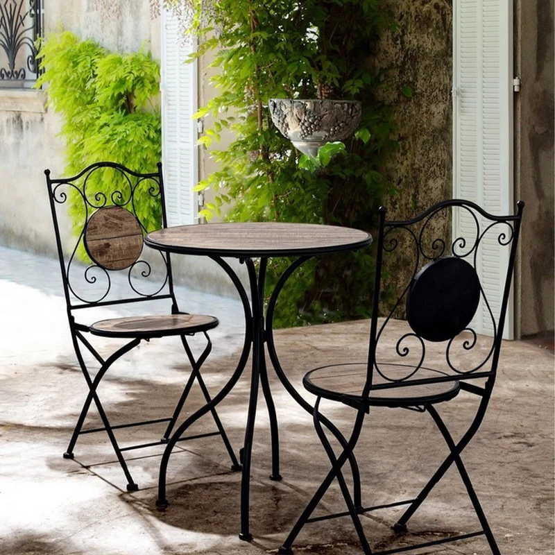Set Tavolino tondo con 2 sedie in acciaio per giardino e bar da esterno