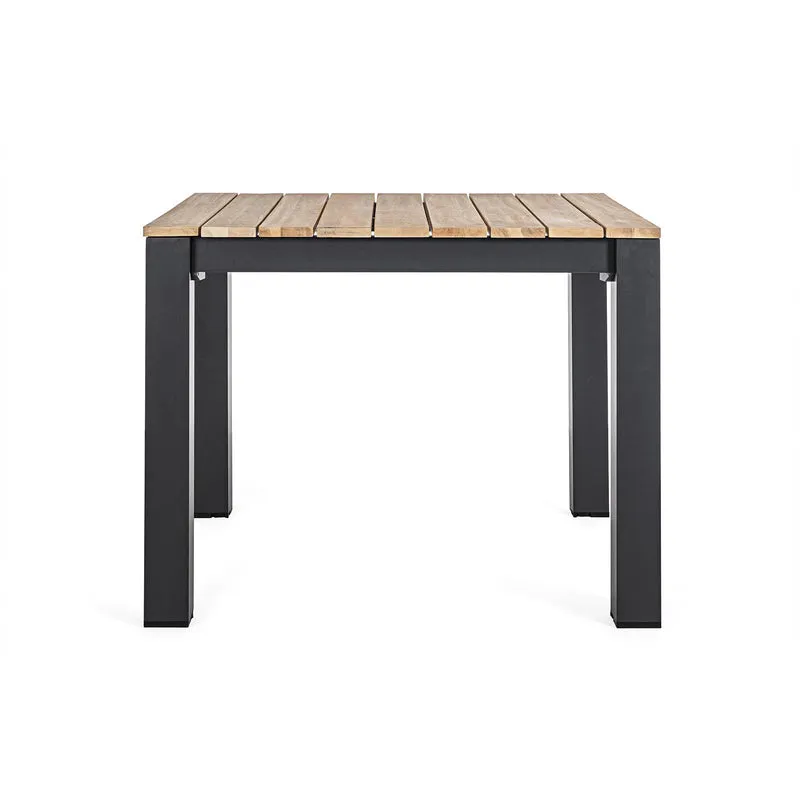 Tavolo quadrato moderno "Kailani" in alluminio verniciato nero e doghe in legno di acacia