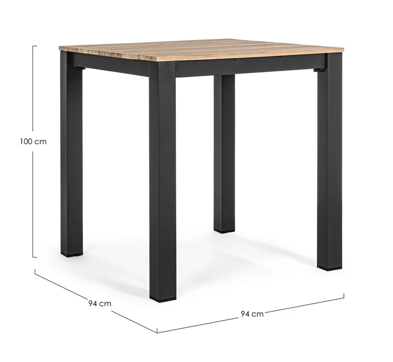 Tavolo quadrato moderno "Kailani" in alluminio verniciato nero e doghe in legno di acacia