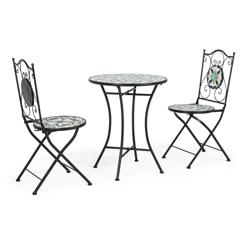 Set "Positano" Tavolino tondo e poltrone con decoro in ceramica per giardino veranda