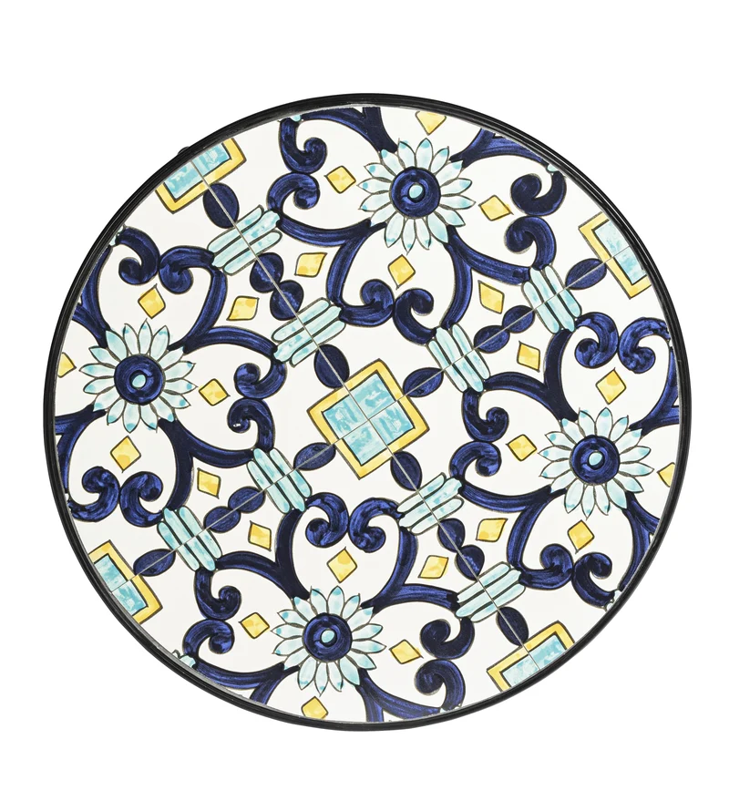 Set "Positano" Tavolino tondo e poltrone con decoro in ceramica per giardino veranda