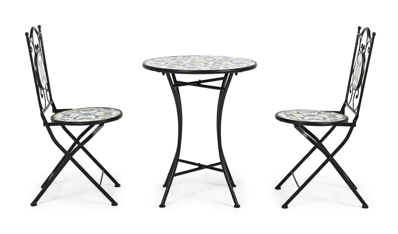 Set "Positano" Tavolino tondo e poltrone con decoro in ceramica per giardino veranda