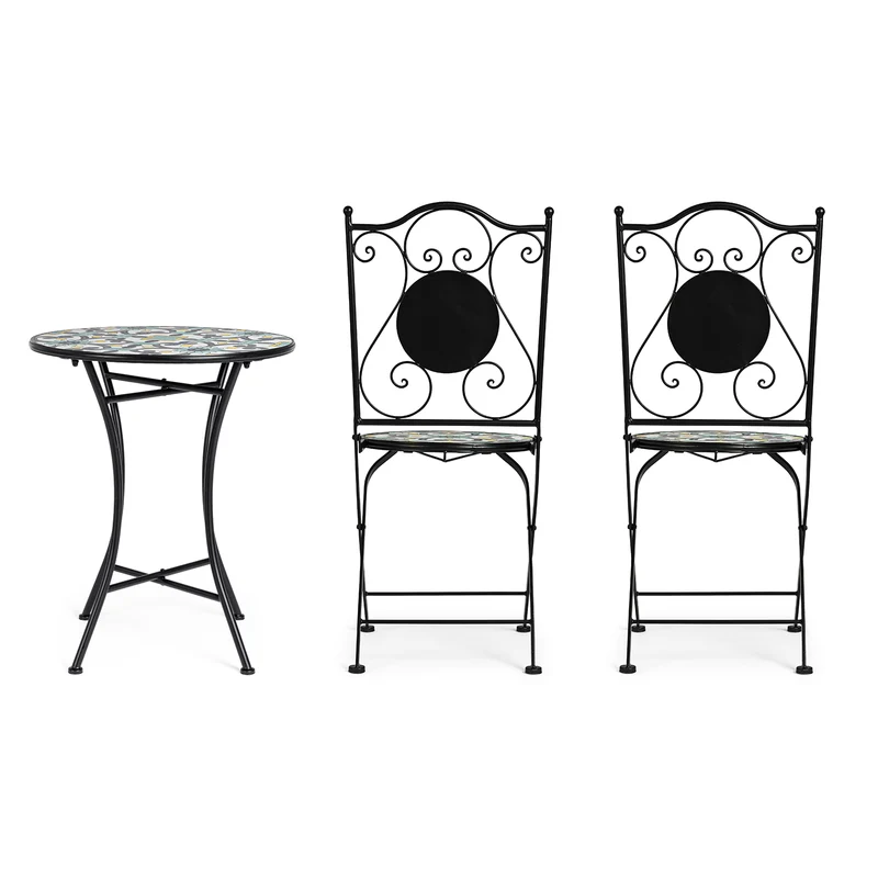 Set "Positano" Tavolino tondo e poltrone con decoro in ceramica per giardino veranda