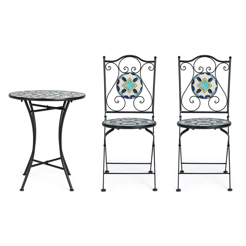 Set "Positano" Tavolino tondo e poltrone con decoro in ceramica per giardino veranda