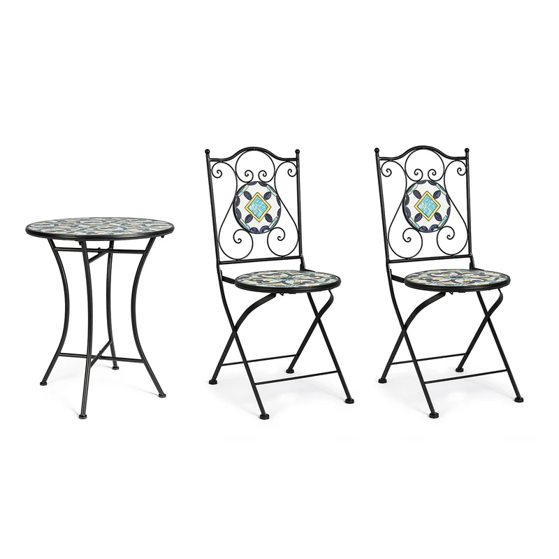 Set "Positano" Tavolino tondo e poltrone con decoro in ceramica per giardino veranda