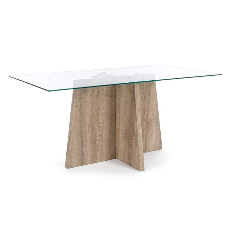 Tavolo "Kenya" con piano in vetro trasparente e piede centrale in legno 160 X 90 cm