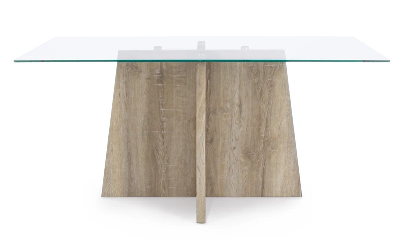 Tavolo "Kenya" con piano in vetro trasparente e piede centrale in legno 160 X 90 cm