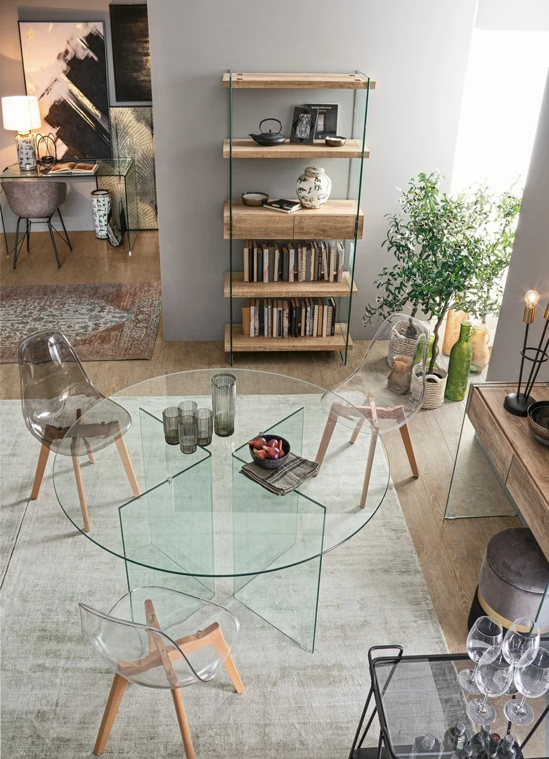 Tavolo tondo "Iride" con struttura in vetro trasparente Ø 130 cm per soggiorno e cucina