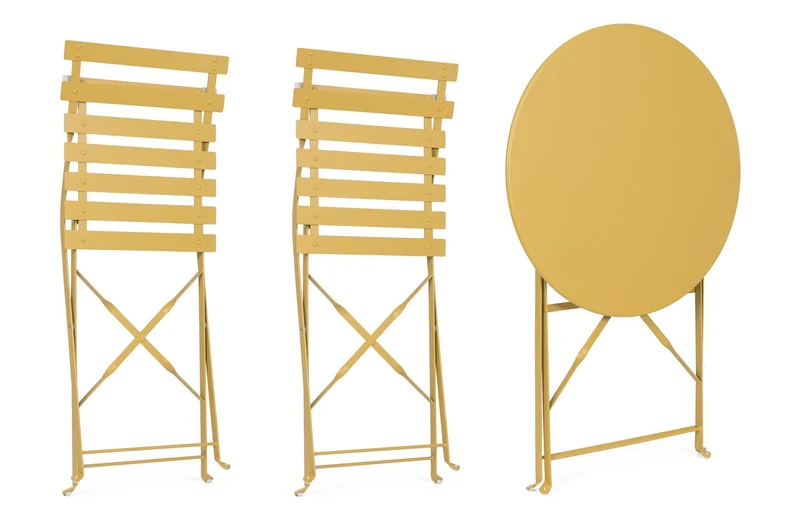Set "Bistrot Wissant" Tavolino tondo con sedie colorate in acciaio verniciato a polvere per giardino e bar finitura opaca