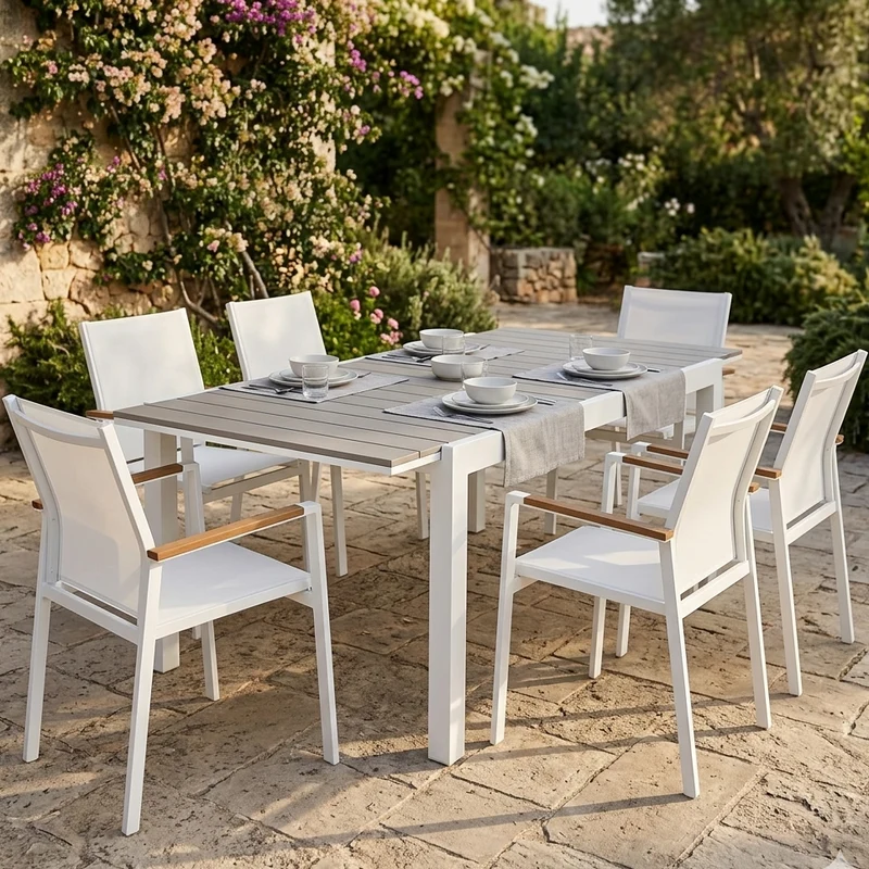 Tavolo allungabile "Santorini" in alluminio Bianco e Polywood dogato per esterno 180/240x100 cm