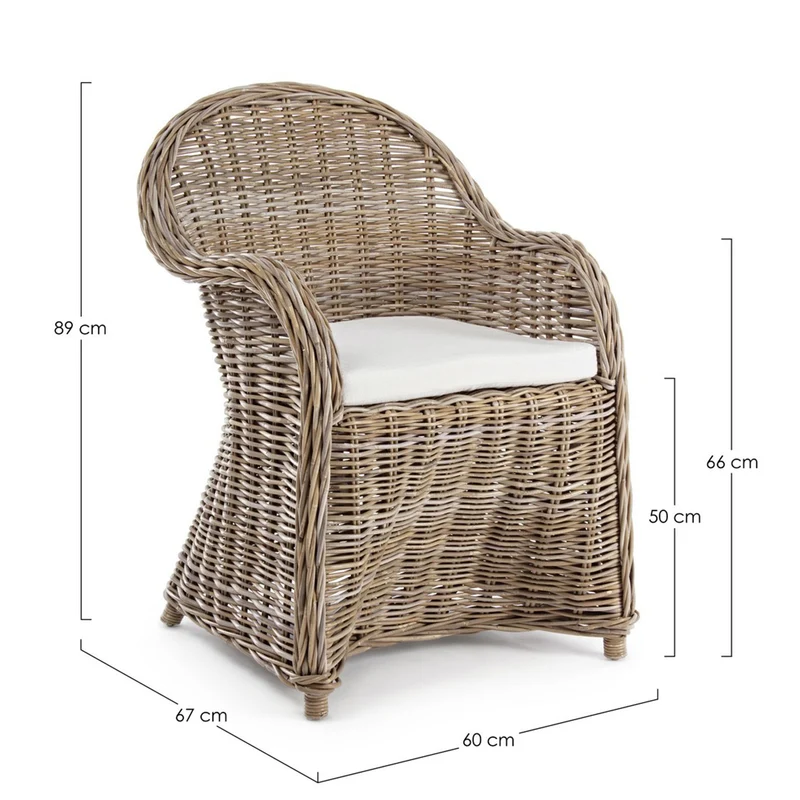 Poltrona con cuscino "New Martin" in rattan naturale per giardino e veranda h 89 cm