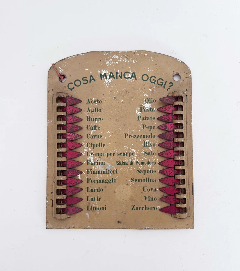 "What's Missing Today?" Tin Kitchen Sign – Italy, 1950s