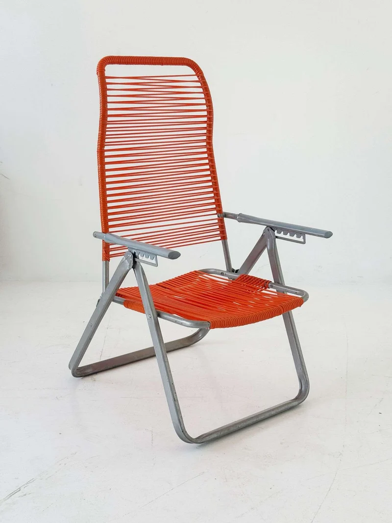 1970s Outdoor Reclining Chair in Metal and Orange Plastic Wire