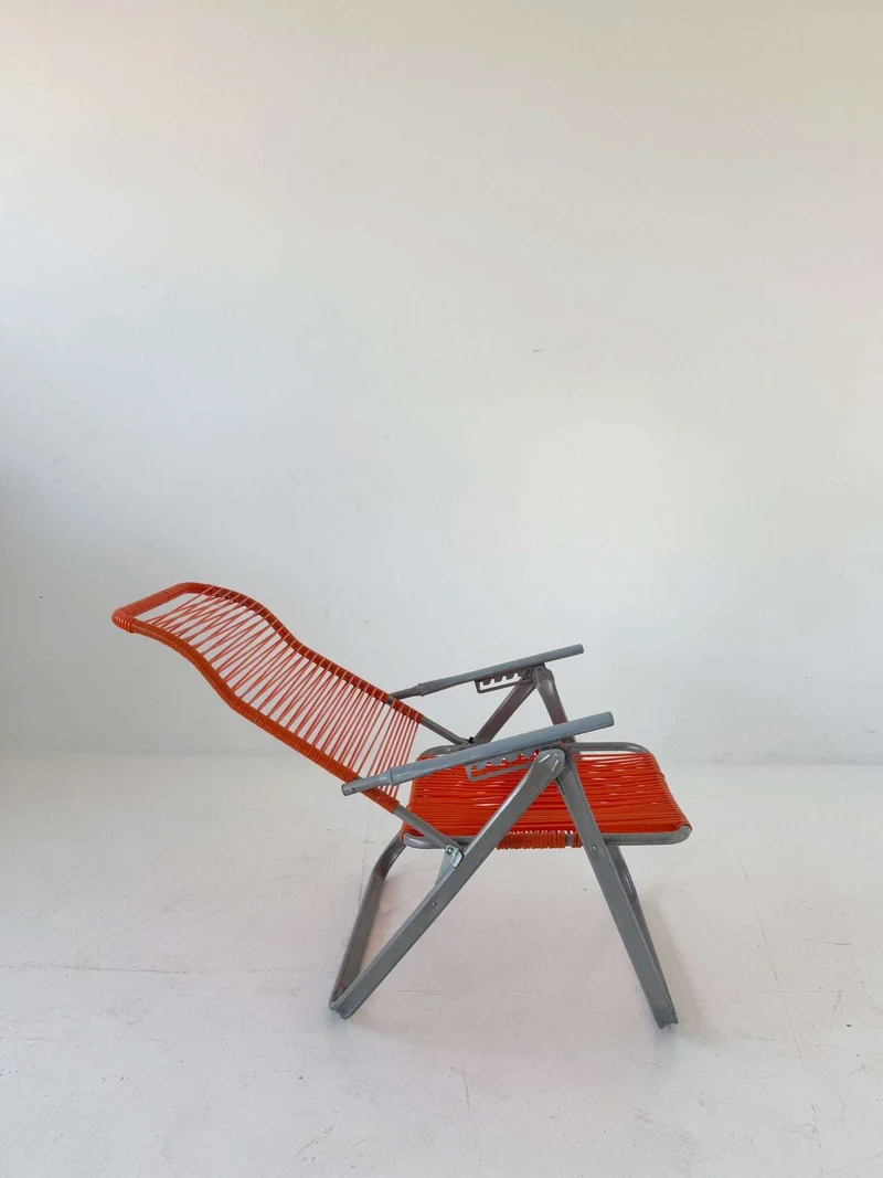 1970s Outdoor Reclining Chair in Metal and Orange Plastic Wire