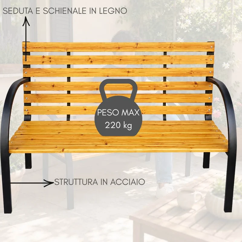 Panchina da Giardino Panca 2 Posti Acciaio Seduta e Schienale in Legno