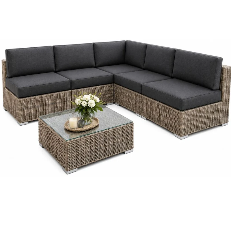 Salotto Angolare da Giardino 5 Posti con Cuscini e Tavolino in Rattan Intrecciato a Mano