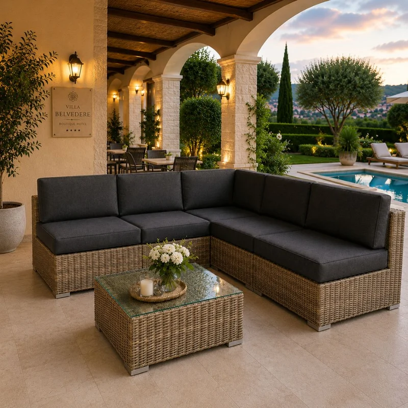 Salotto Angolare da Giardino 5 Posti con Cuscini e Tavolino in Rattan Intrecciato a Mano