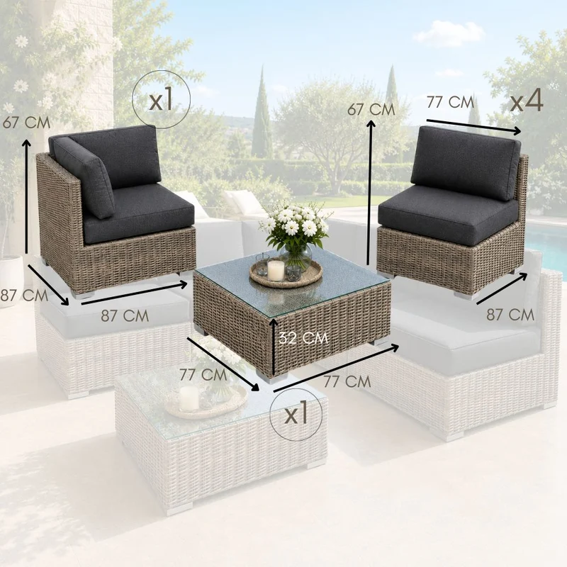 Salotto Angolare da Giardino 5 Posti con Cuscini e Tavolino in Rattan Intrecciato a Mano