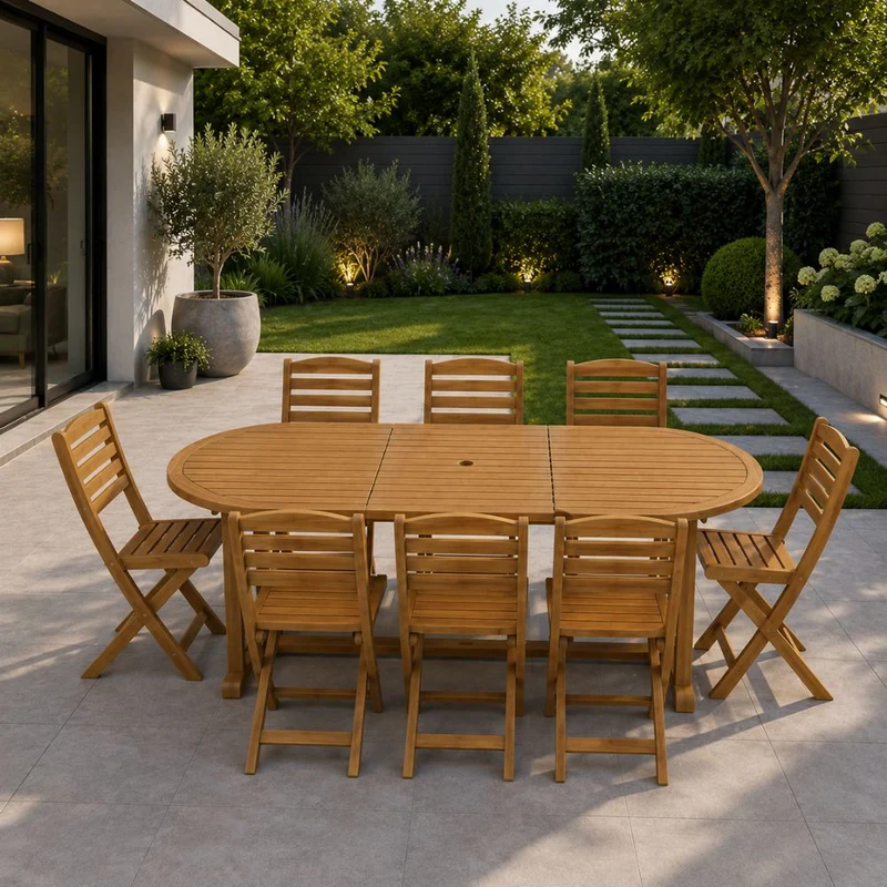 Set da Giardino 8 Posti Tavolo Estensibile e Sedie Pieghevoli in Legno d’Acacia FSC