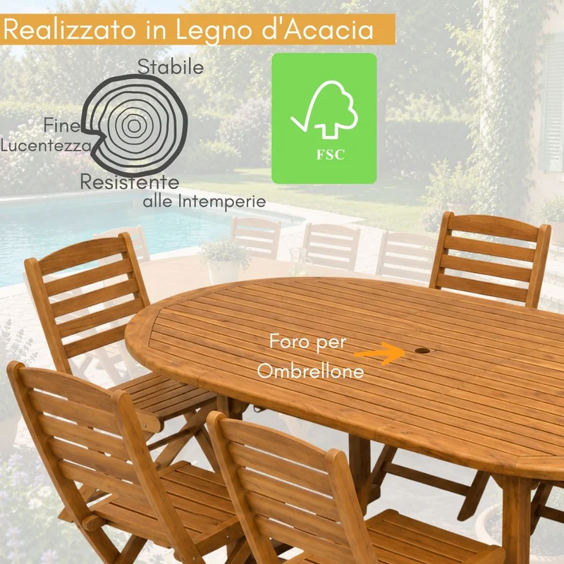 Set da Giardino 8 Posti Tavolo Estensibile e Sedie Pieghevoli in Legno d’Acacia FSC