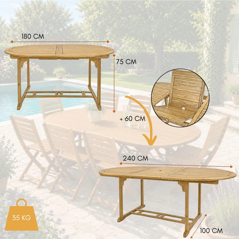 Set da Giardino 8 Posti Tavolo Estensibile e Sedie Pieghevoli in Legno d’Acacia FSC