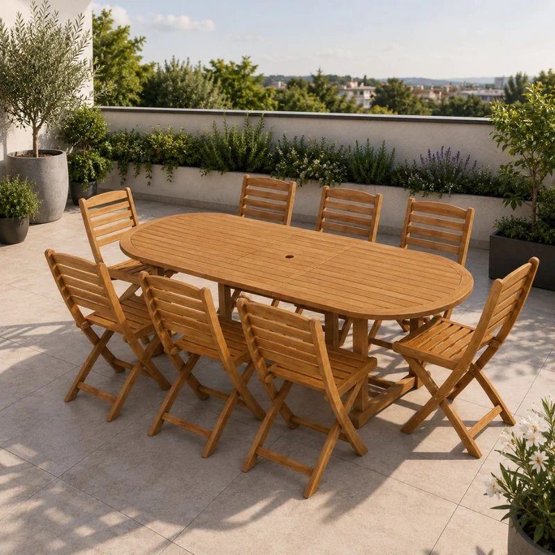 Set da Giardino 8 Posti Tavolo Estensibile e Sedie Pieghevoli in Legno d’Acacia FSC