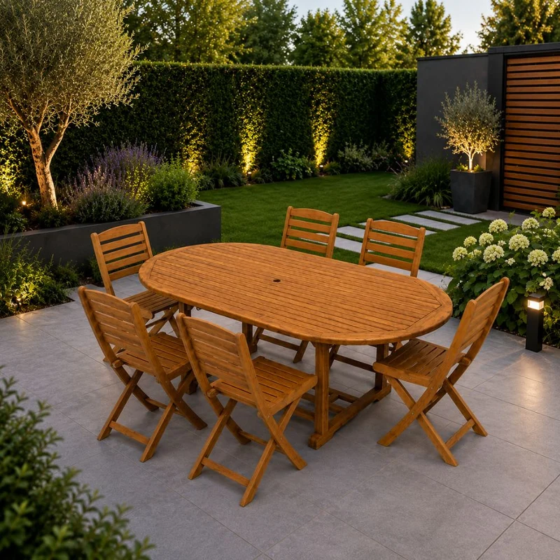 Set da Giardino 6 Posti Tavolo Estensibile e Sedie Pieghevoli in Legno d’Acacia FSC