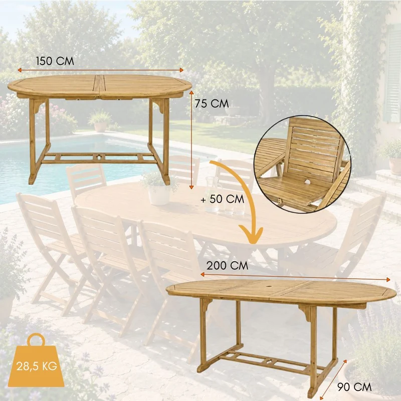 Set da Giardino 6 Posti Tavolo Estensibile e Sedie Pieghevoli in Legno d’Acacia FSC