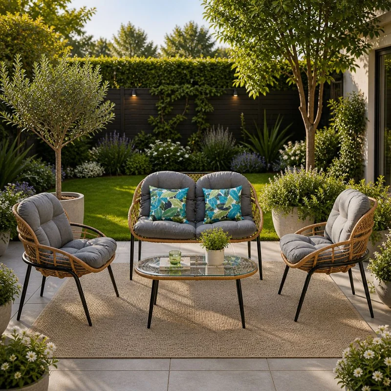 Salotto da Giardino in Rattan Sintetico e Acciaio Divanetto Poltrone e Tavolino