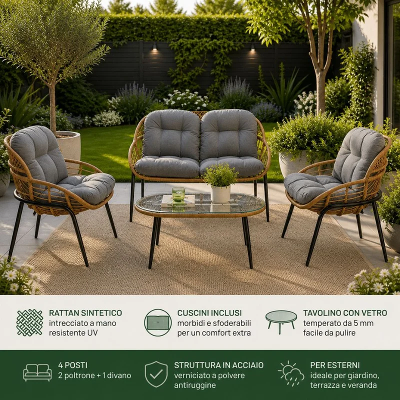 Salotto da Giardino in Rattan Sintetico e Acciaio Divanetto Poltrone e Tavolino