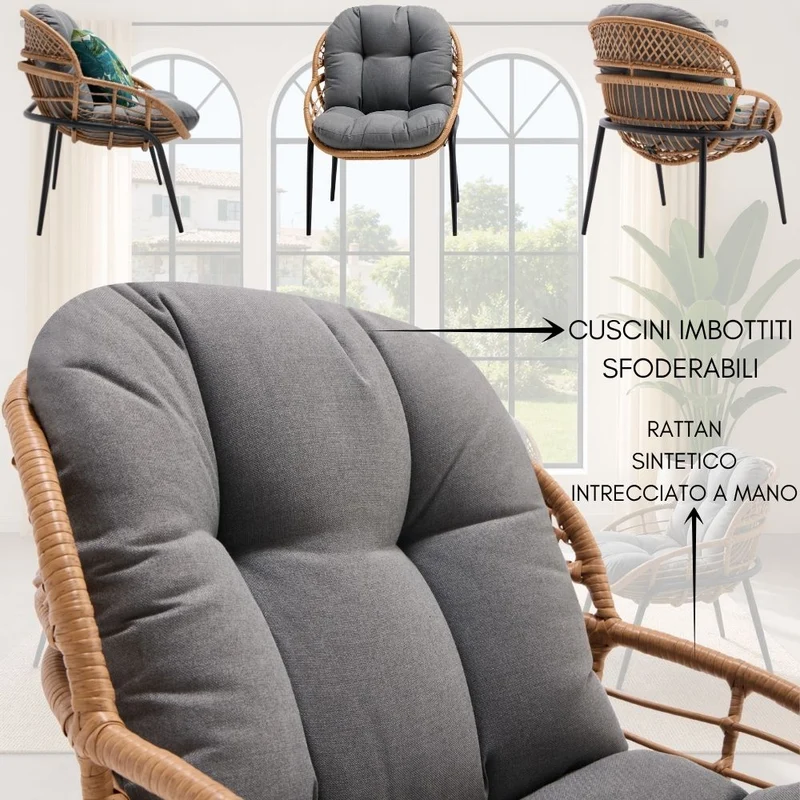 Salotto da Giardino in Rattan Sintetico e Acciaio Divanetto Poltrone e Tavolino