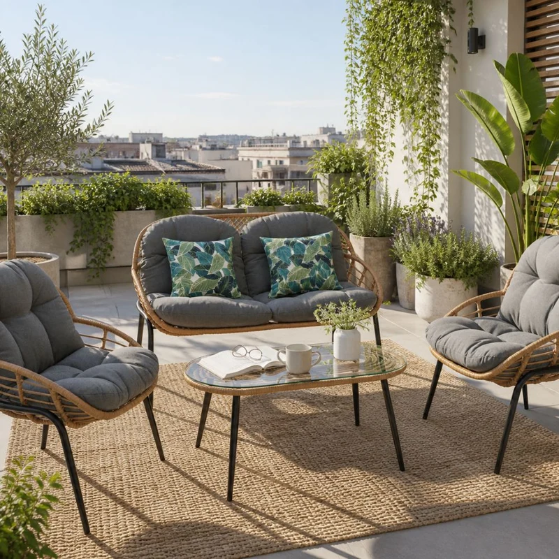 Salotto da Giardino in Rattan Sintetico e Acciaio Divanetto Poltrone e Tavolino