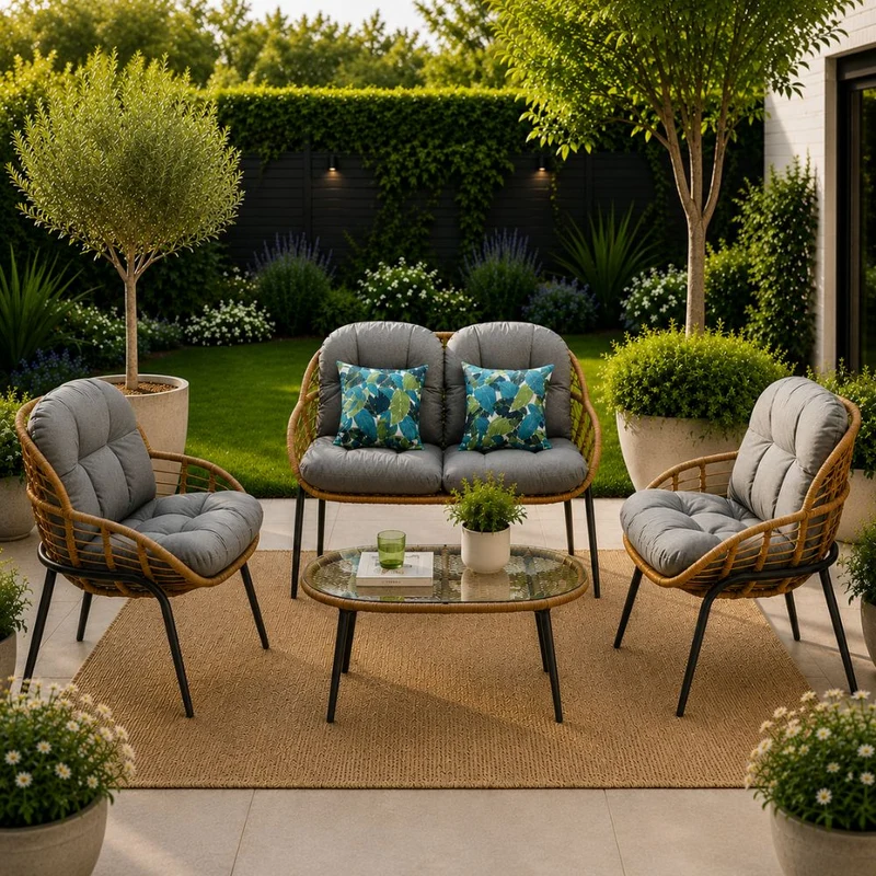 Salotto da Giardino in Rattan Sintetico e Acciaio Divanetto Poltrone e Tavolino