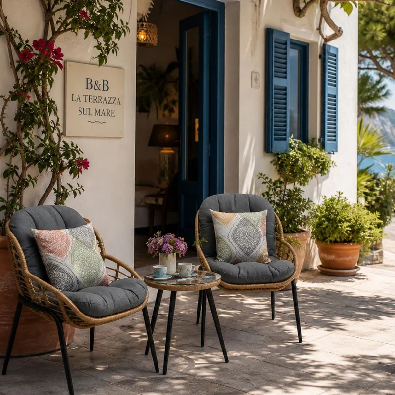 Set Bistrot Tavolo e Sedie con Cuscini in Rattan Sintetico e Acciaio