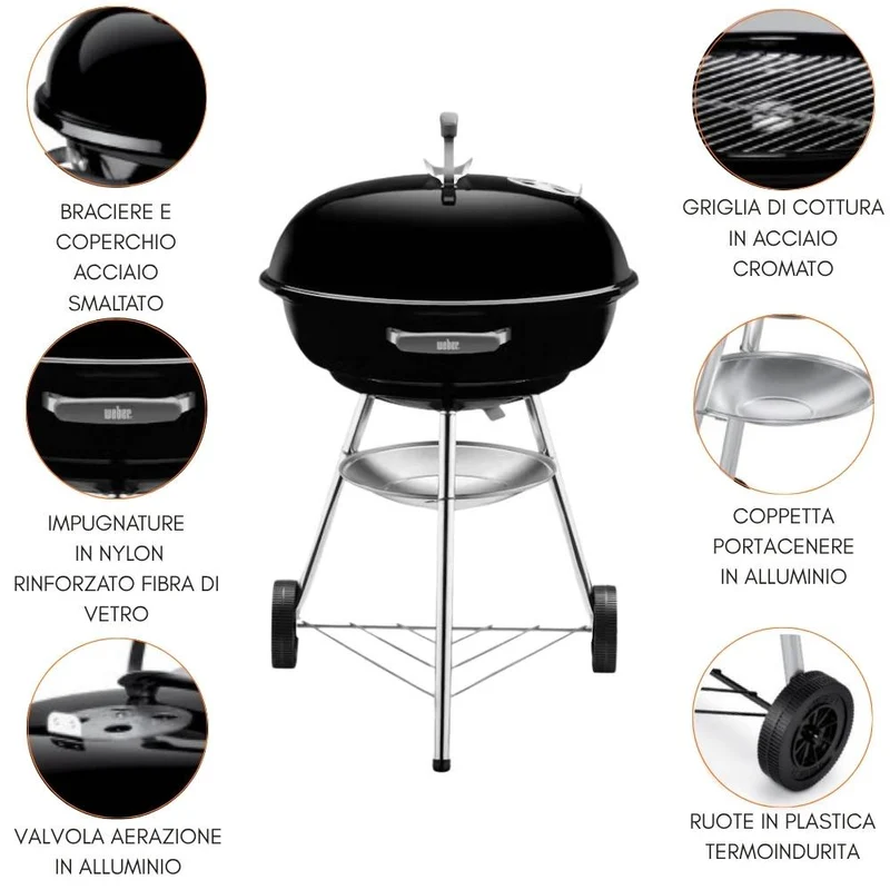 Barbecue a Carbone BBQ Griglia Acciaio con Coperchio Ruote Portacenere