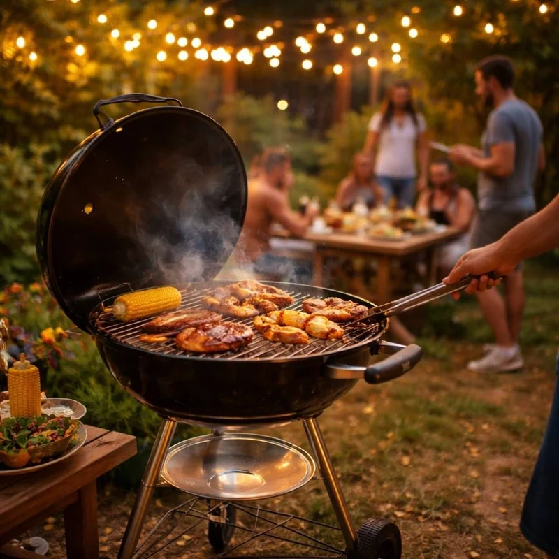 Barbecue a Carbone BBQ Griglia Acciaio con Coperchio Ruote Portacenere