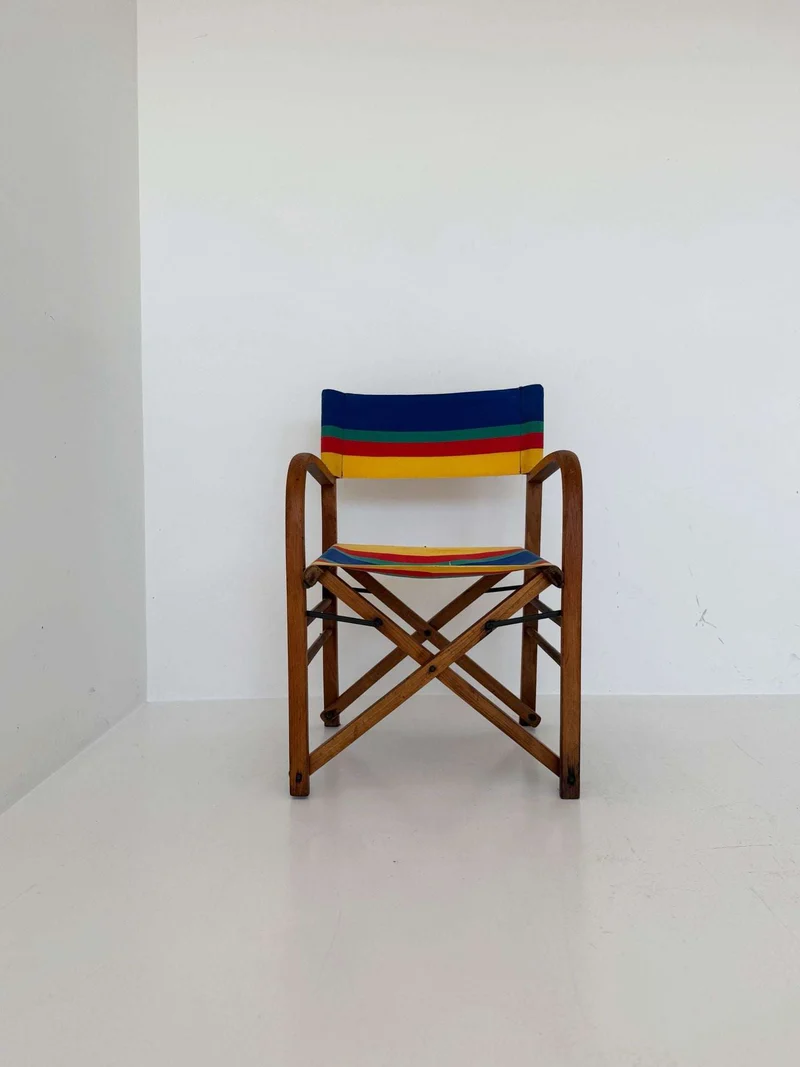Sedia da regista in legno anni '60 con tessuto multicolore